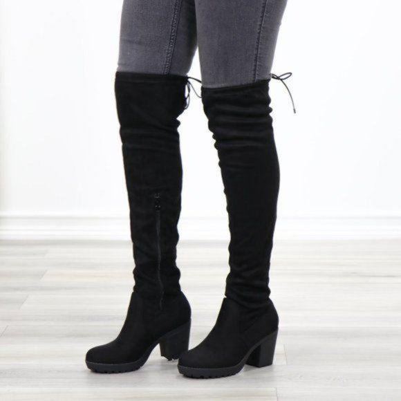 Lug Chunky Heel BlackThigh High Suede Boots - Picture 5 of 15